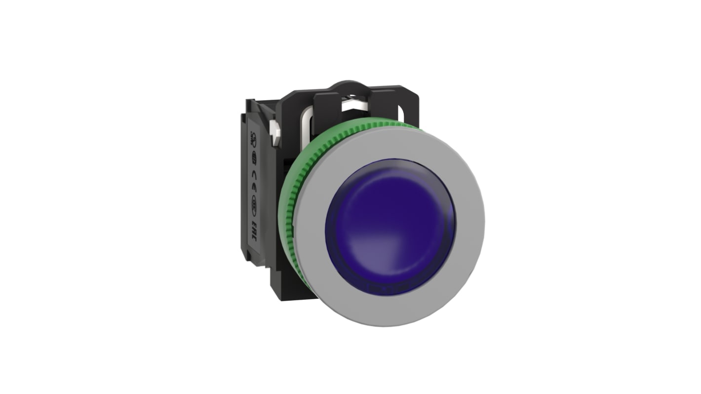 Pulsante SPDT luminoso Schneider Electric, montaggio a pannello, diametro 30,5 mm, tensione 24 V, testa rotonda blu.