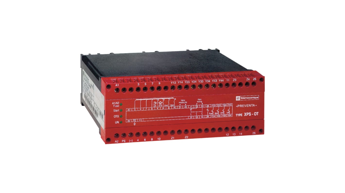 Modulo di sicurezza Schneider Electric XPSOT3744 per automazione, 230 V, progettato per arresto di sicurezza e monitoraggio.