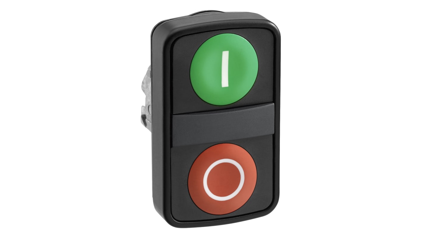Pulsante Schneider Electric ZB4BL73417, doppia testa verde e rossa, protezione IP66/IP69, montaggio a innesto, temperatura -40 a 70 °C.
