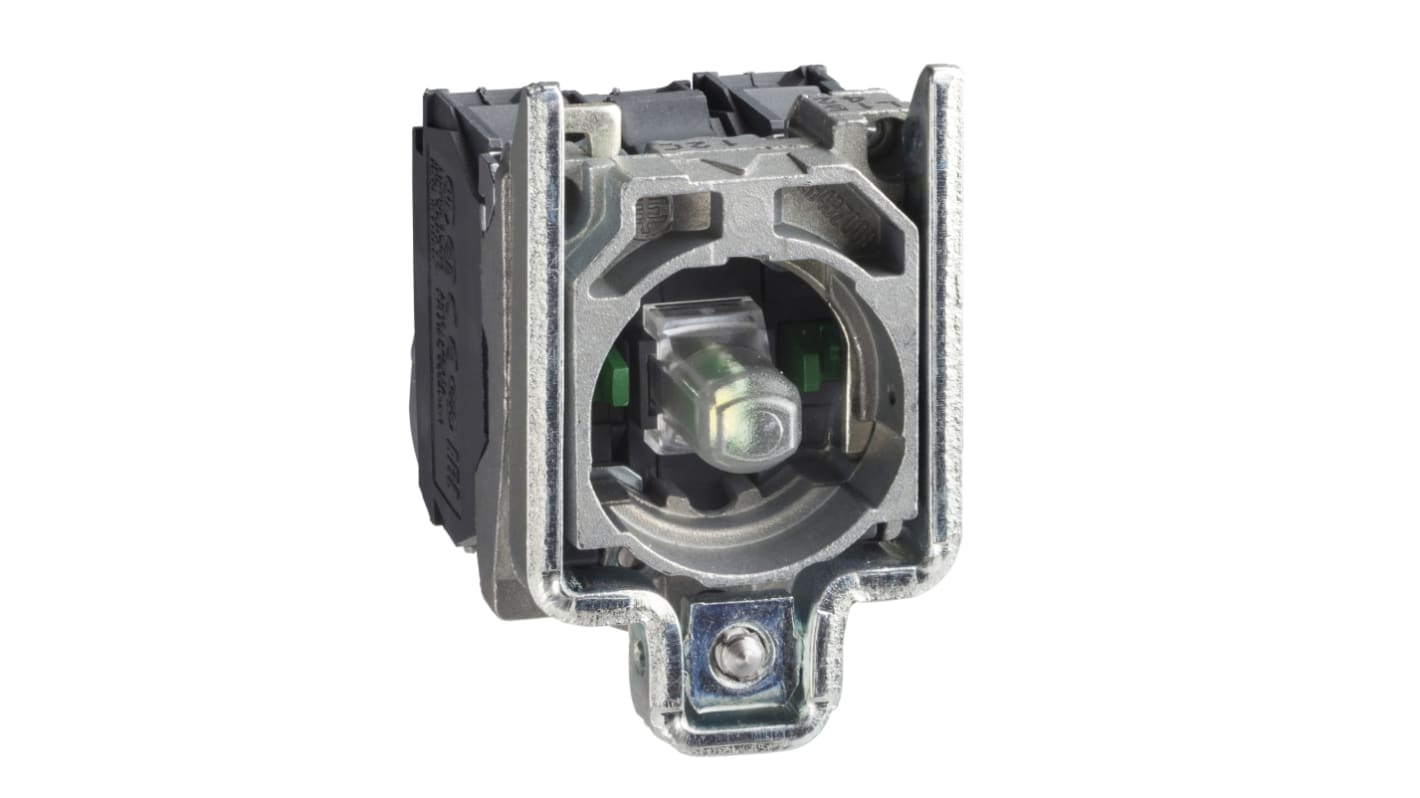 Blocco contatti luminoso verde Schneider Electric ZB4BW0J33, 2 contatti normalmente aperti, 12V cc, dimensioni 30x47 mm, LED integrato.