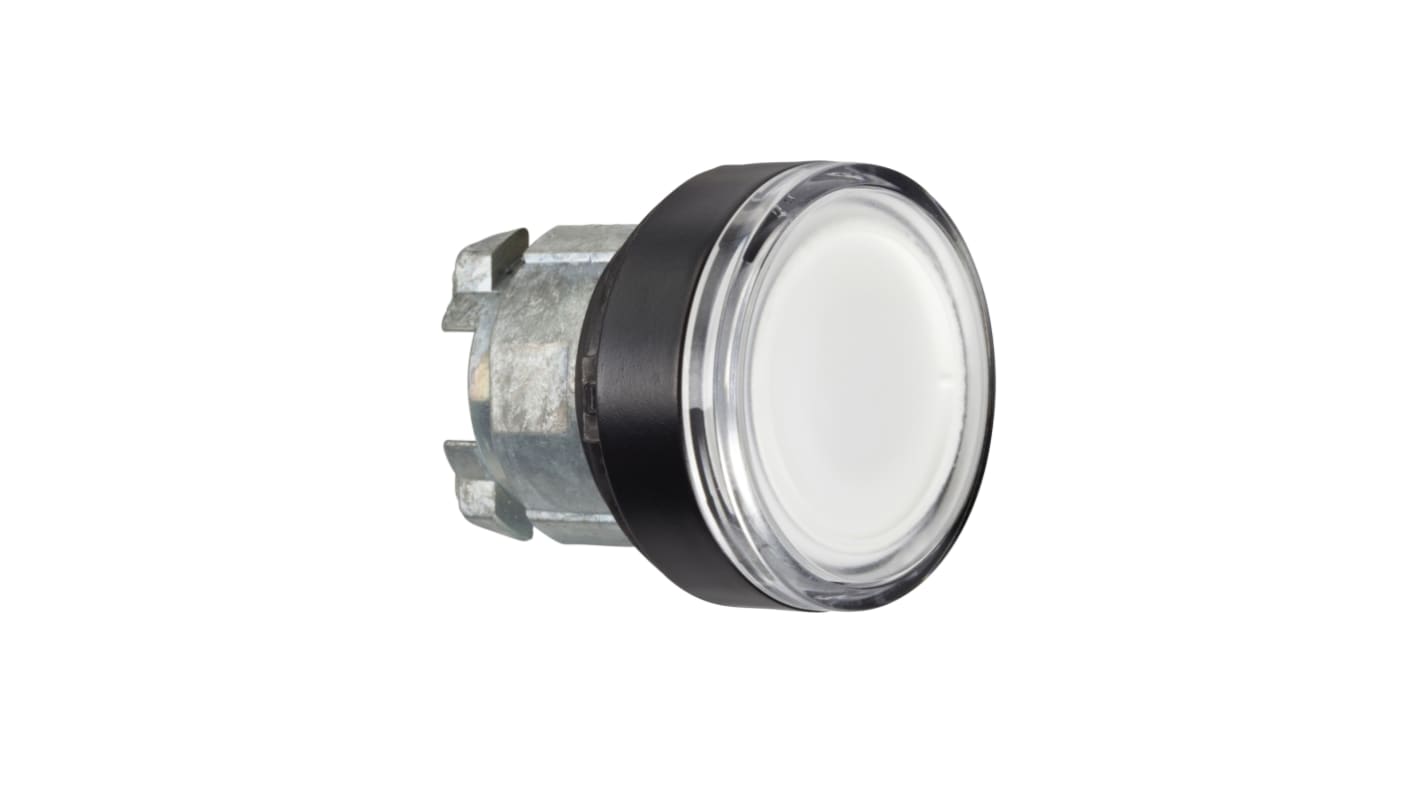 Attuatore pulsante Schneider Electric Harmony XB4, bianco illuminato, diametro 22mm, protezione IP66/IP67/IP69, resistente a urti e vibrazioni.