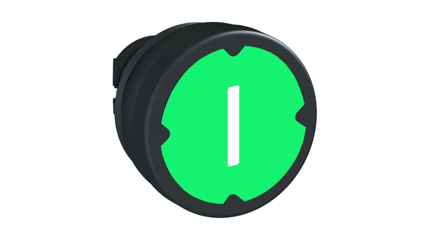 Testa a pulsante rotondo verde Schneider Electric, IP66/IP67/IP69K, per montaggio su pannelli da 22 mm, resistente a urti e vibrazioni.