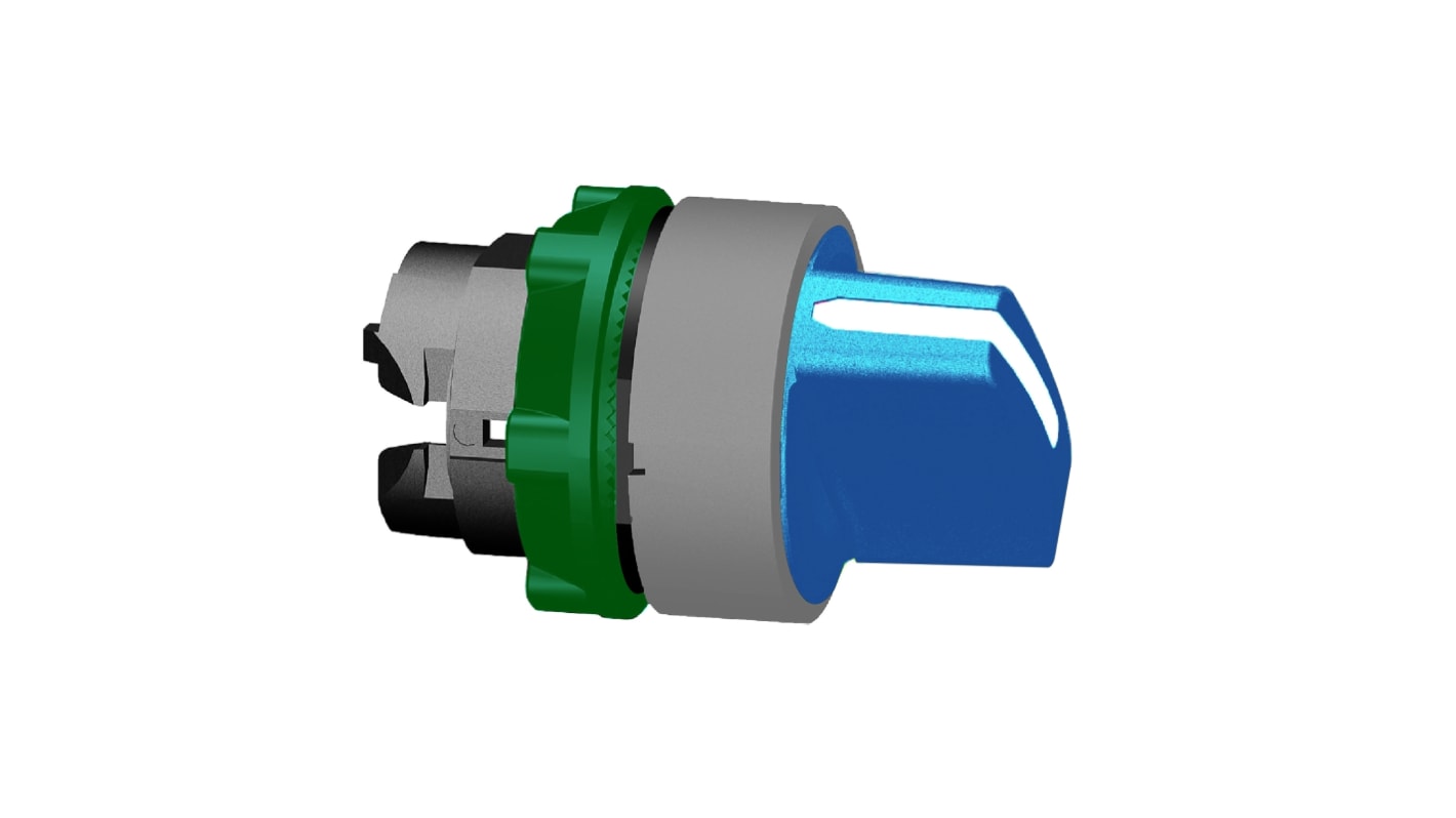 Selettore a 2 posizioni Schneider Electric Harmony XB5, impugnatura blu, diametro foro 22mm, resistente a urti e vibrazioni.