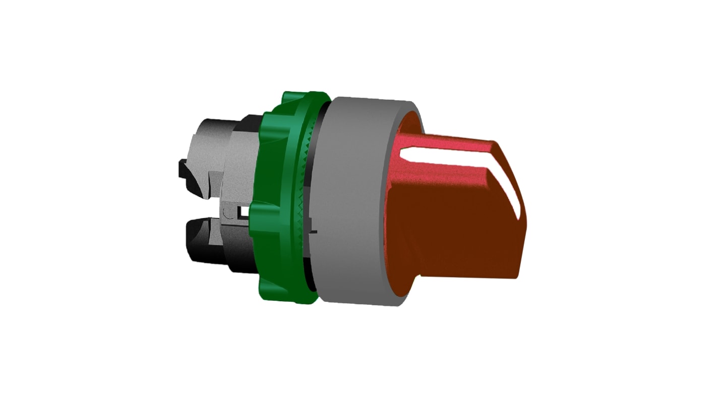 Selettore 3 posizioni Schneider Electric ZB5AD304C0, diametro 22 mm, plastica rossa, cornice grigia, grado di protezione IP67.