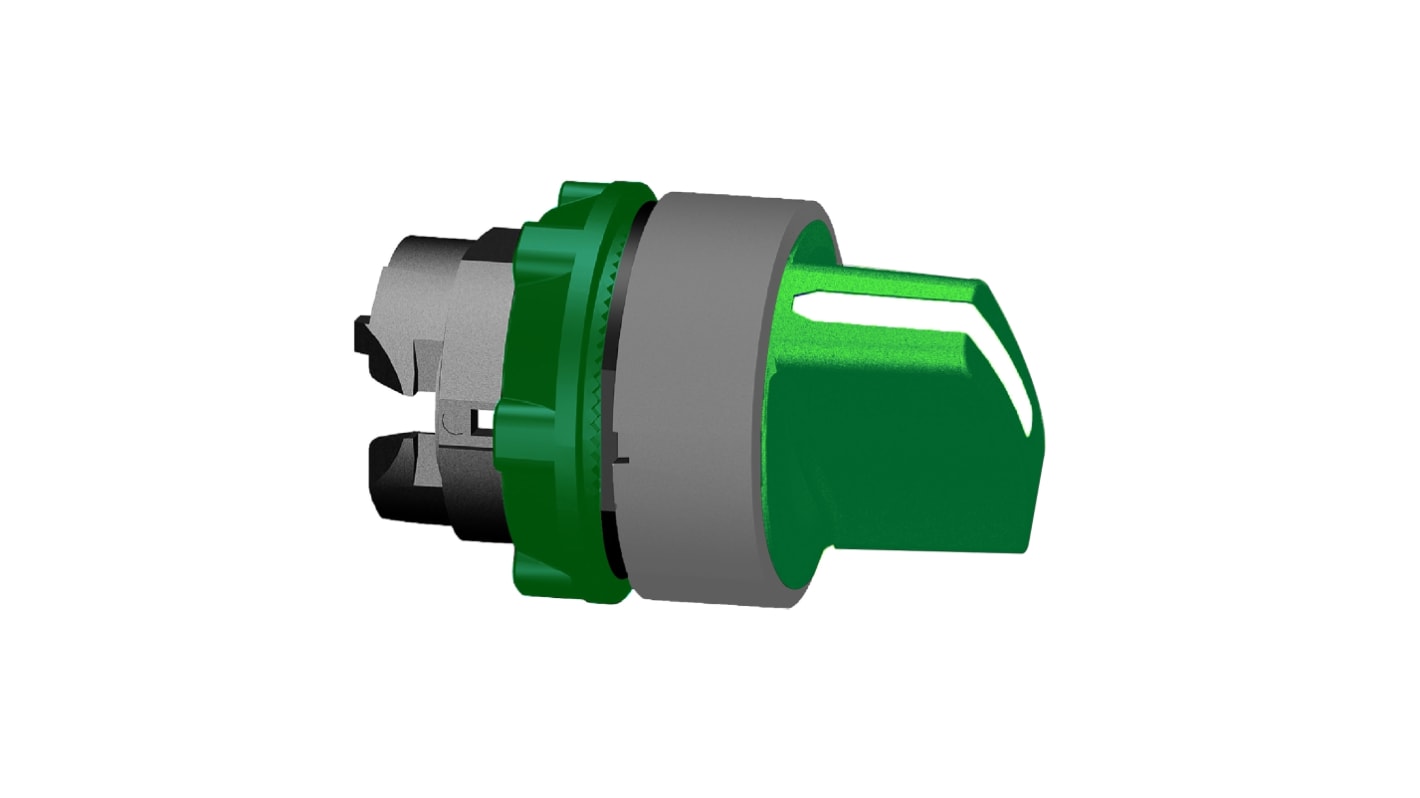 Selettore a 2 posizioni Schneider Electric Harmony XB5, attuatore verde, diametro foro 22mm, resistente a urti e vibrazioni.