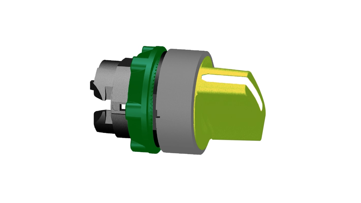 Selettore Harmony XB5 di Schneider Electric, 3 posizioni, attuatore giallo, diametro foro 22mm, temperatura -40 a 70°C.