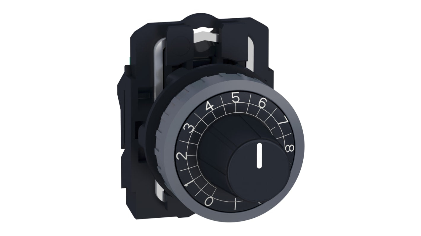 Attuatore pulsante potenziometro rotondo da 22 mm, nero, serie Harmony XB5, prodotto da Schneider Electric, codice ZB5ADCUST04.