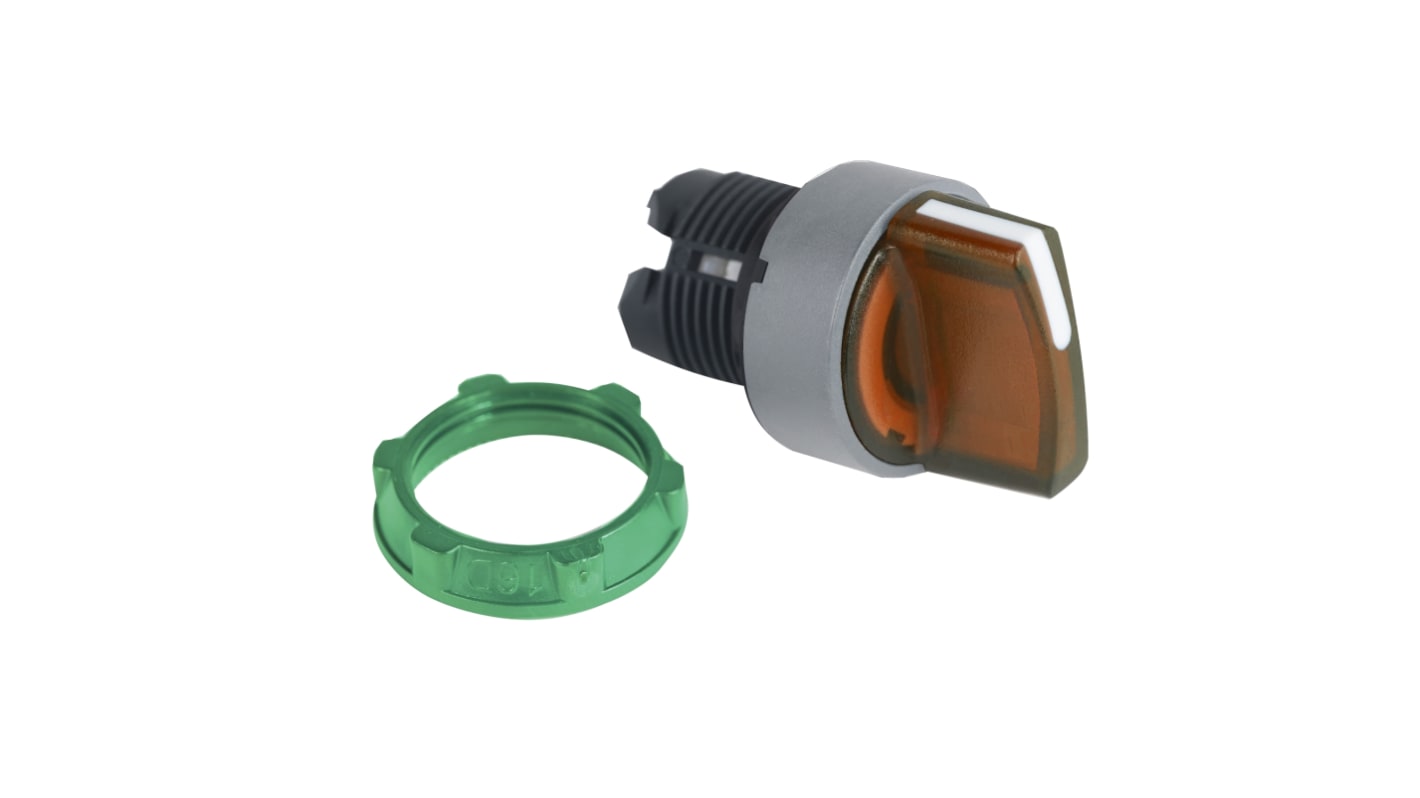 Selettore illuminato Schneider Electric Harmony XB5, 2 posizioni, diametro 22 mm, cornice grigia, impugnatura arancione, grado di protezione IP67.