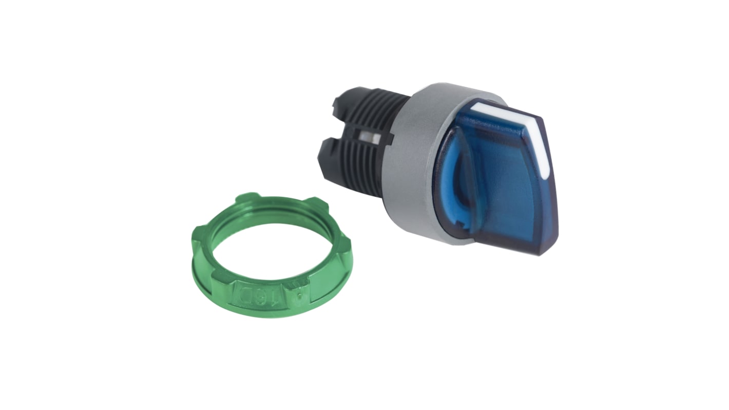 Selettore Harmony XB5 di Schneider Electric, testa illuminata blu, 2 posizioni, diametro foro 22mm, resistente a urti e vibrazioni.