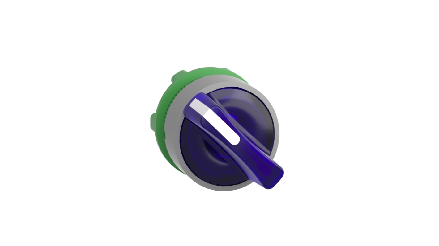 Selettore Harmony XB5 di Schneider Electric, 3 posizioni, testa illuminata blu, diametro 22mm, resistente a polvere e vibrazioni.