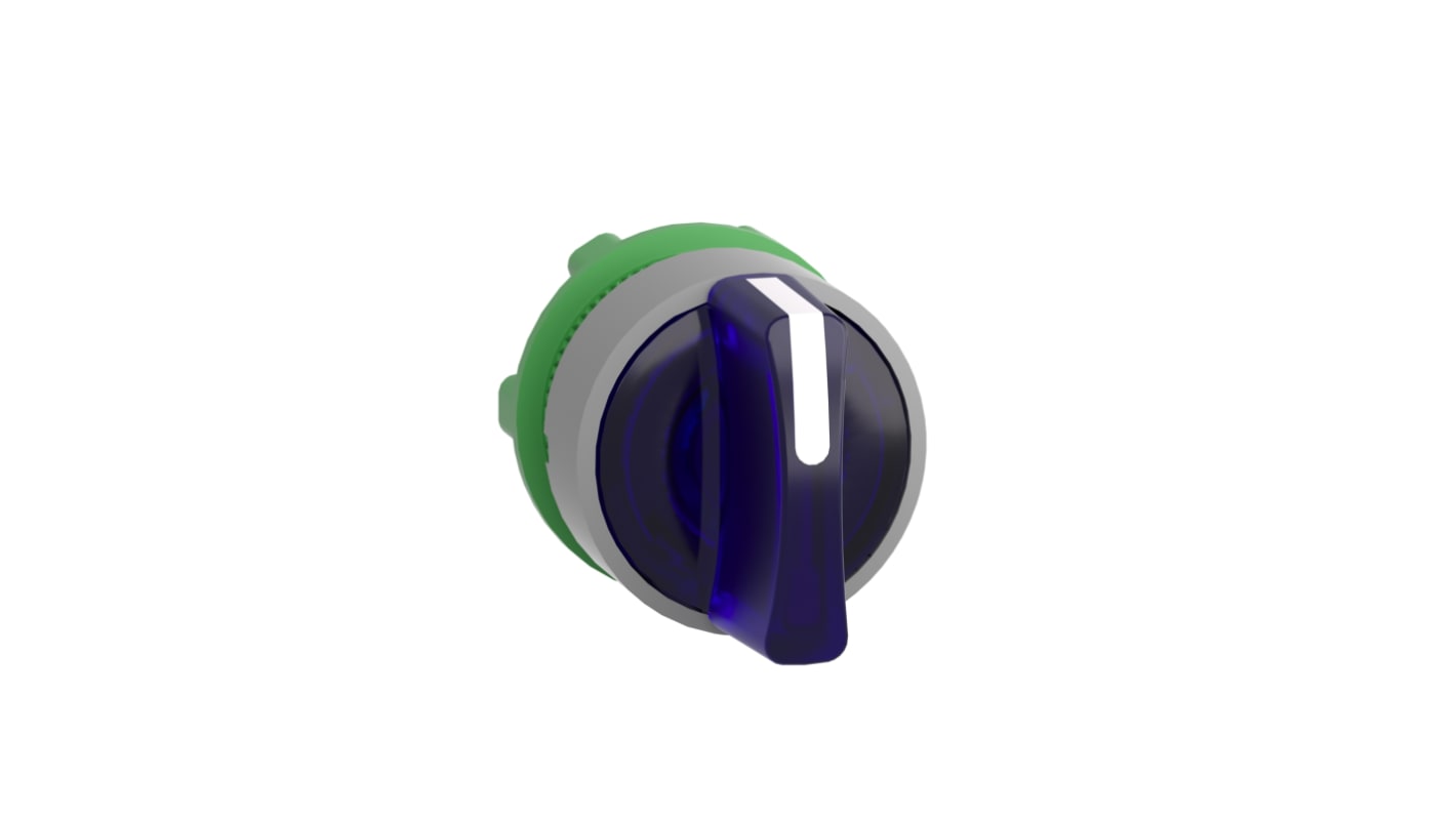 Selettore illuminato Schneider Electric Harmony XB5, 3 posizioni, diametro 22 mm, cornice grigia, impugnatura blu, grado di protezione IP66/IP67.