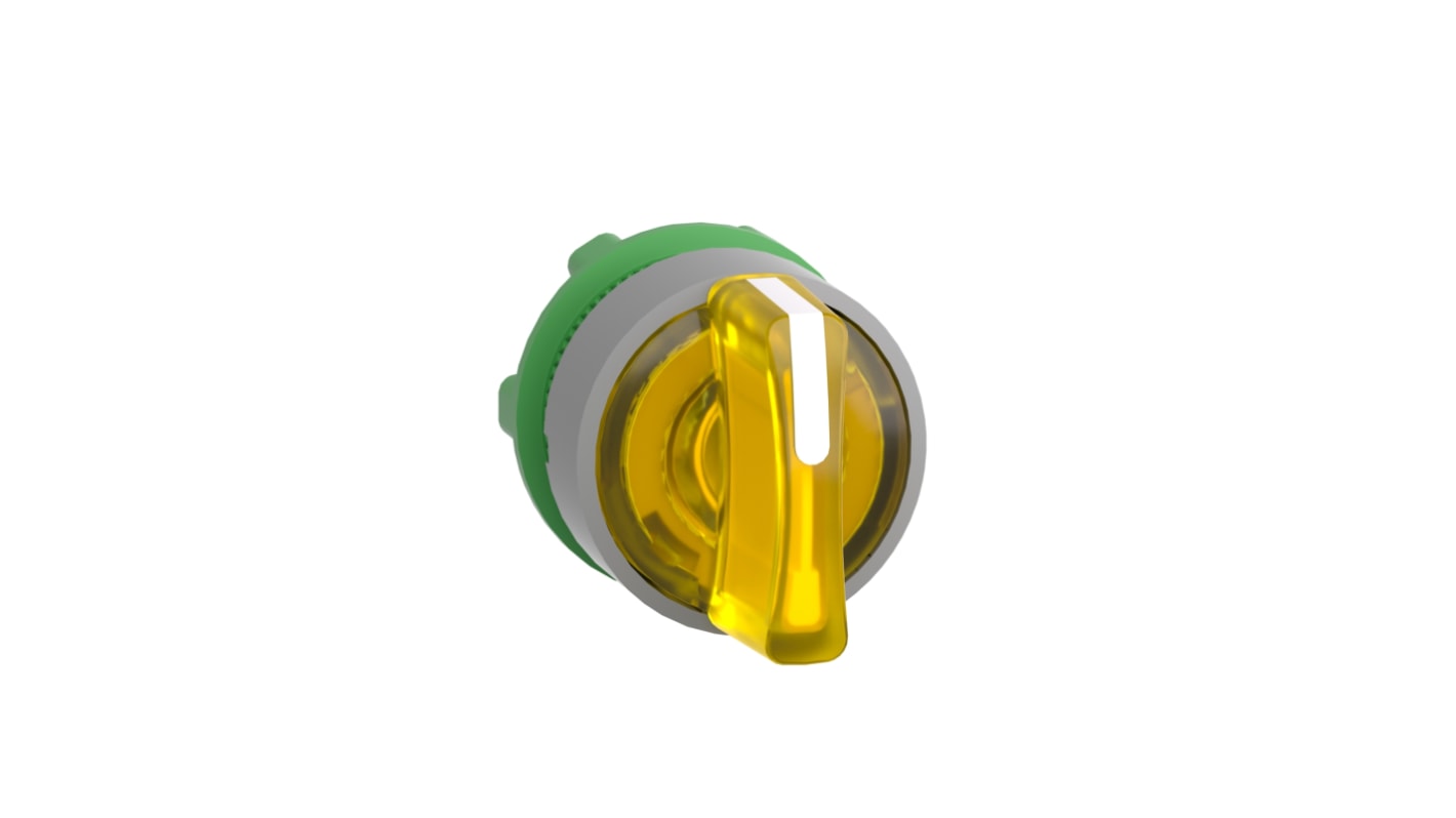 Selettore Harmony XB5 di Schneider Electric, 3 posizioni, testa illuminata, manico ergonomico giallo, diametro foro 22mm.