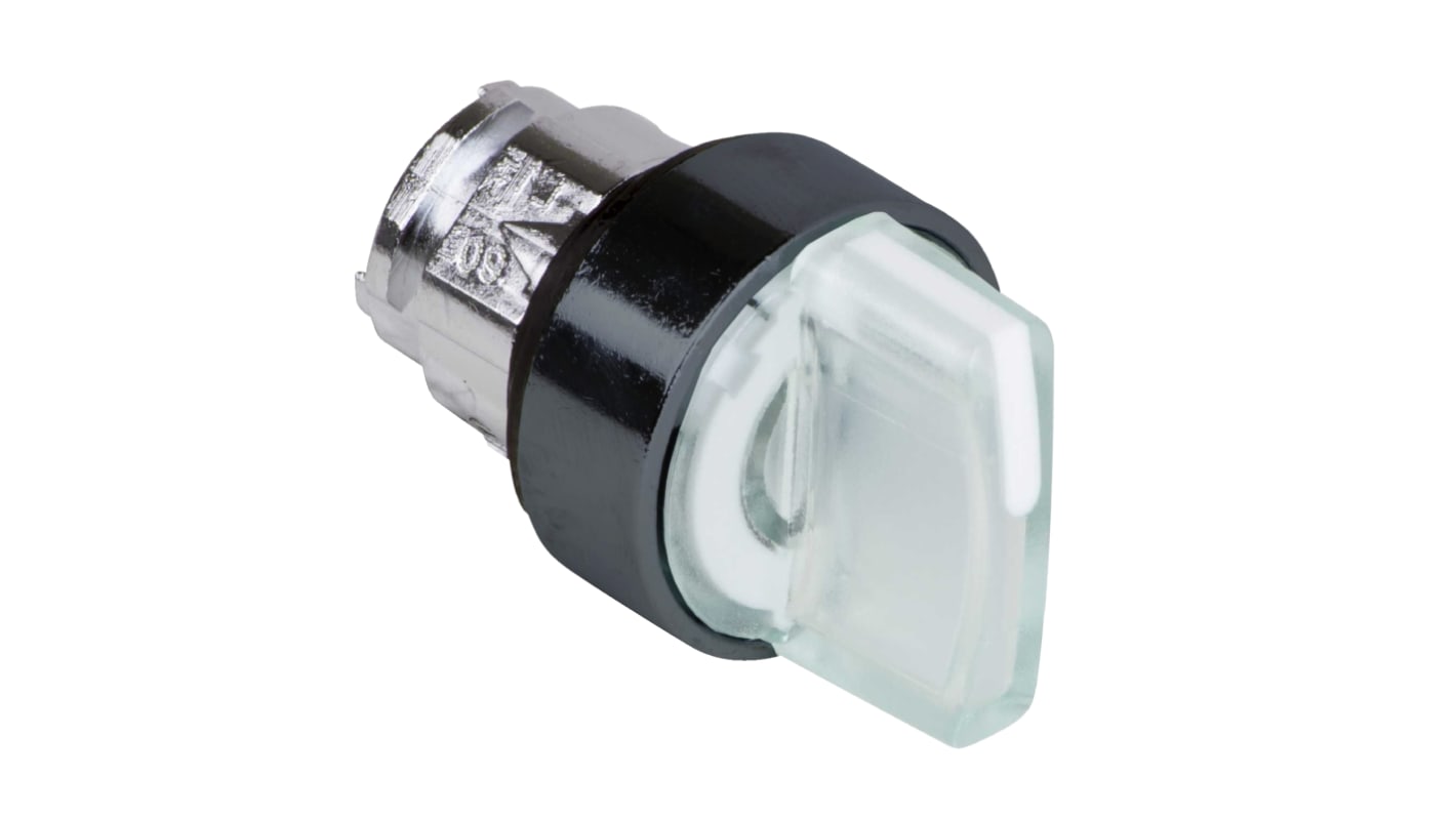 Selettore Harmony XB5 di Schneider Electric, 3 posizioni, diametro foro 22mm, manico bianco, resistente a urti e vibrazioni.