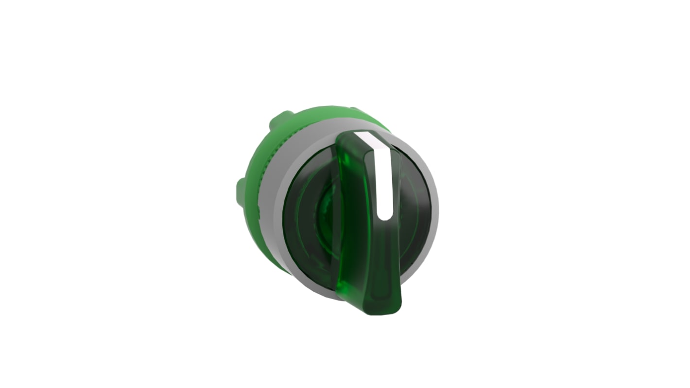 Selettore Harmony XB5 di Schneider Electric, 3 posizioni, testa illuminata, diametro foro 22mm, colore verde, resistente a polvere e vibrazioni.