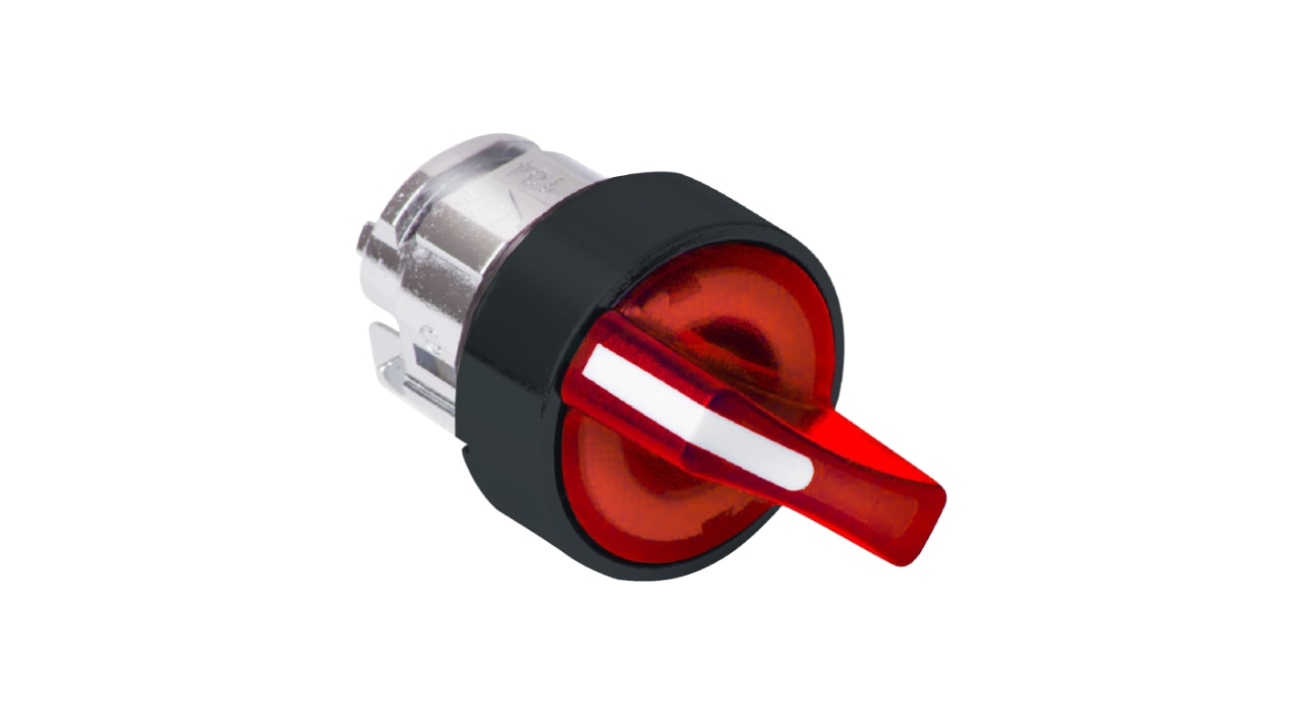 Selettore Harmony XB5 di Schneider Electric, 3 posizioni, testa illuminata rossa, diametro foro 22mm, resistente a polvere e vibrazioni.