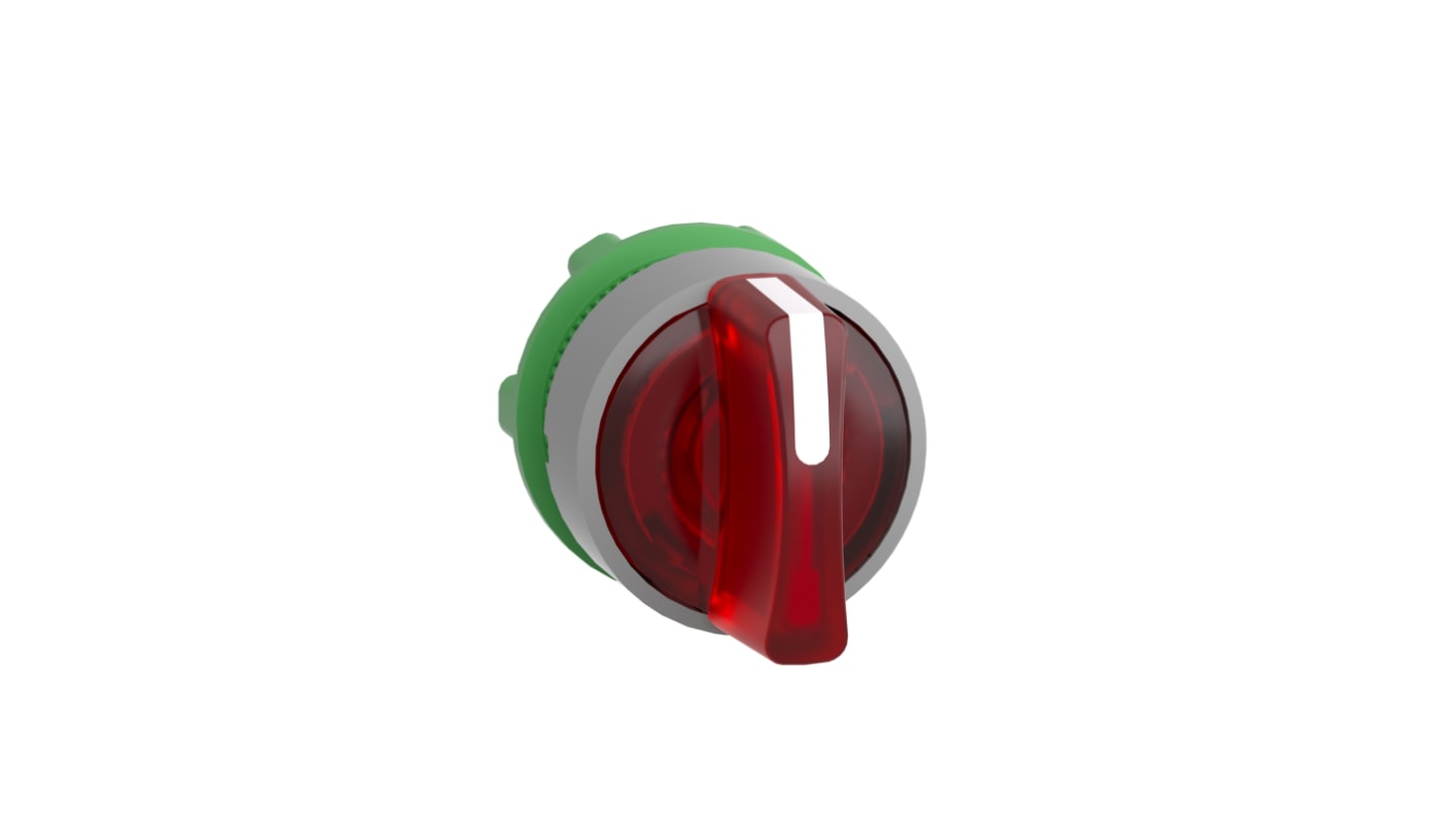 Selettore Schneider Electric ZB5, 3 posizioni, testa illuminata rossa, diametro foro 22mm, resistente a polvere e vibrazioni.