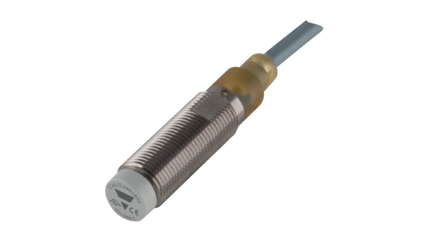 Sensore di prossimità induttivo cilindrico PNP Carlo Gavazzi ICB12S30N10PO, corpo in ottone, filettatura M12, gamma di rilevamento 10 mm, IP67.