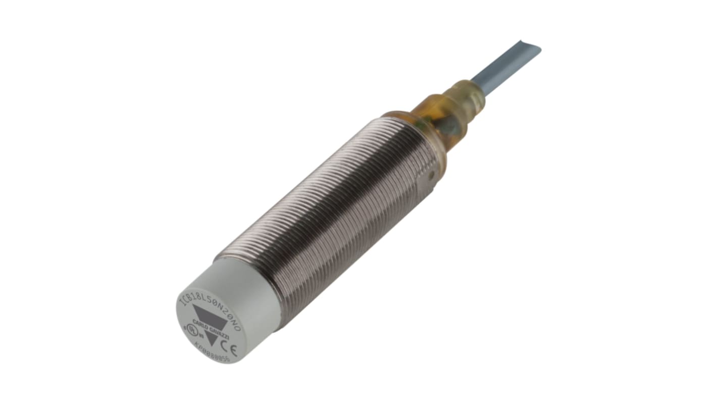 Sensore di prossimità induttivo cilindrico PNP Carlo Gavazzi ICB18L50N20PO, M18 x 1, rilevamento 20 mm, IP67, 10-36 V CC.