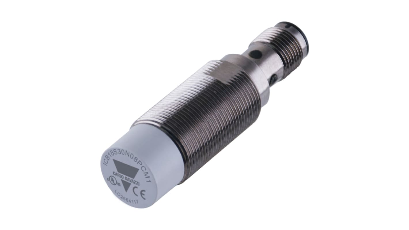 Carlo Gavazzi ICB18S30N08POM1, sensore induttivo cilindrico PNP M18, rilevamento 8 mm, IP67, connettore M12.
