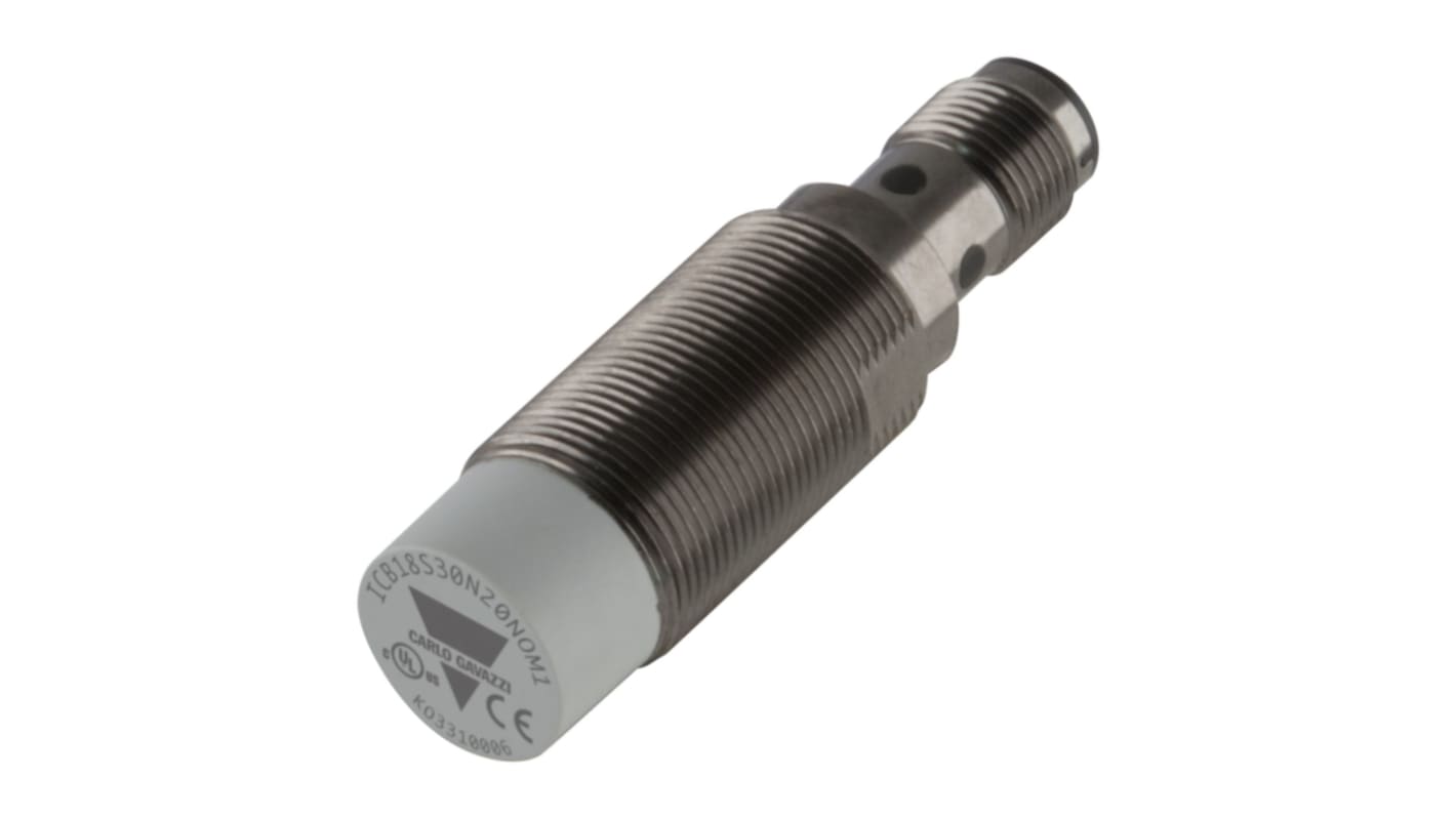 Sensore di prossimità induttivo Carlo Gavazzi ICB18S30N20POM1, cilindrico M18, PNP, 20 mm, IP67, connettore M12.