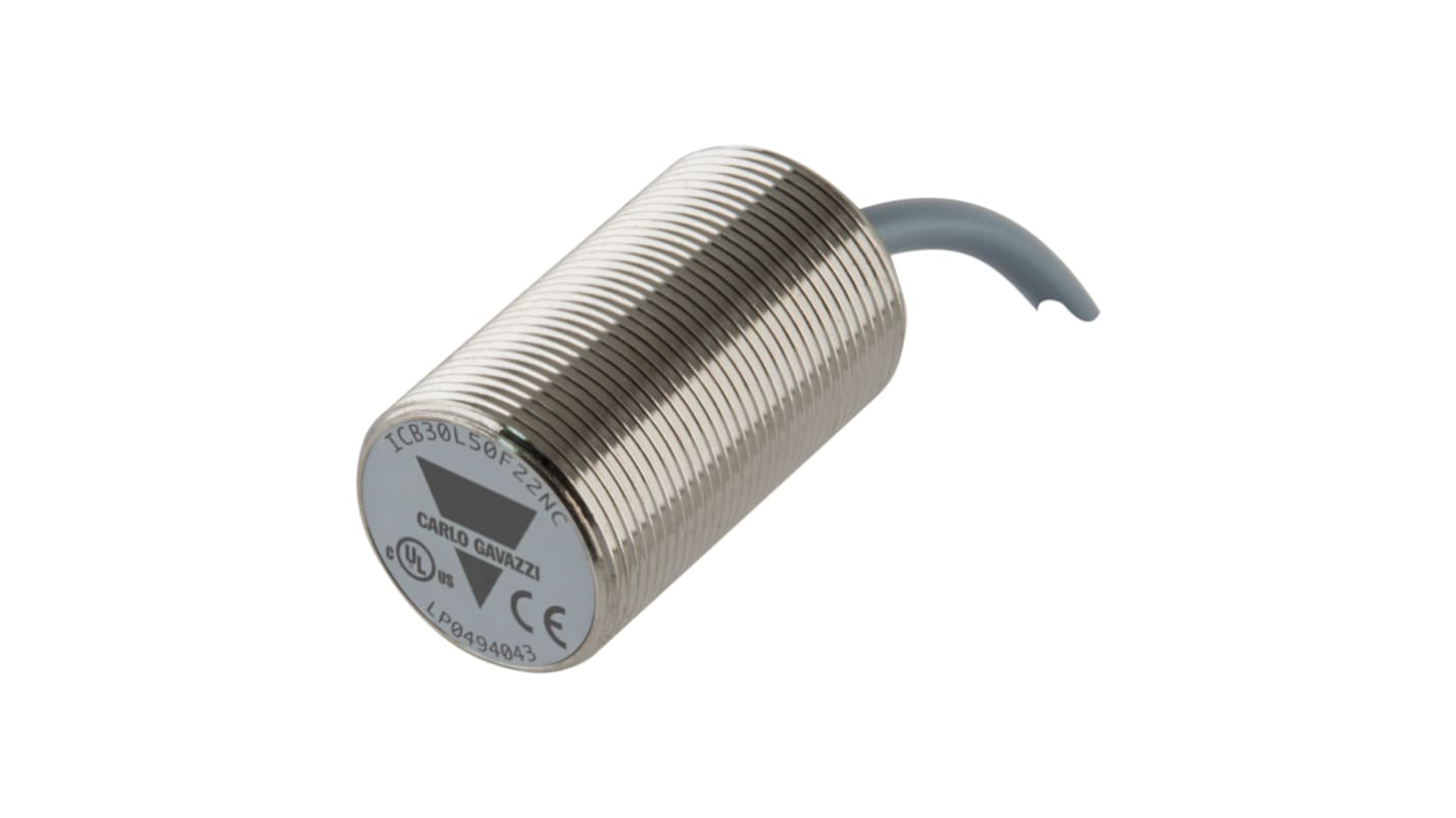 Sensore di prossimità induttivo cilindrico NPN Carlo Gavazzi ICB30L50F22NO, M30 x 1.5, rilevamento 22 mm, IP67.