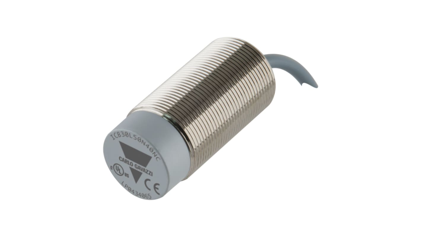 Sensore di prossimità induttivo cilindrico PNP Carlo Gavazzi ICB30L50N22PC, corpo in ottone, M30 x 1.5, gamma 22 mm, IP67.