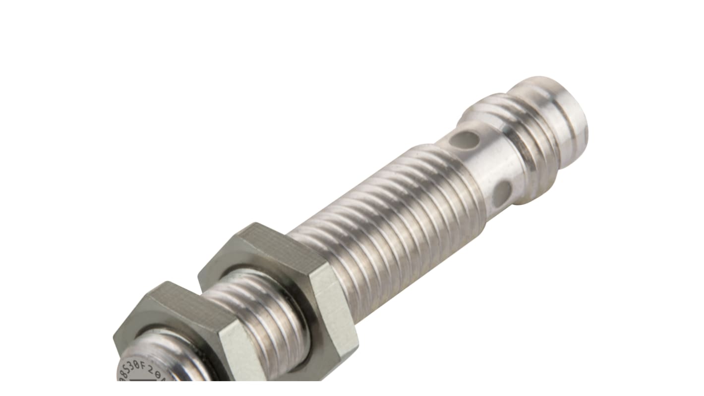 Sensore di prossimità induttivo cilindrico NPN M8 Carlo Gavazzi ICS08S30F01NCM5, corpo in acciaio inox, IP67, gamma di rilevamento 1 mm.