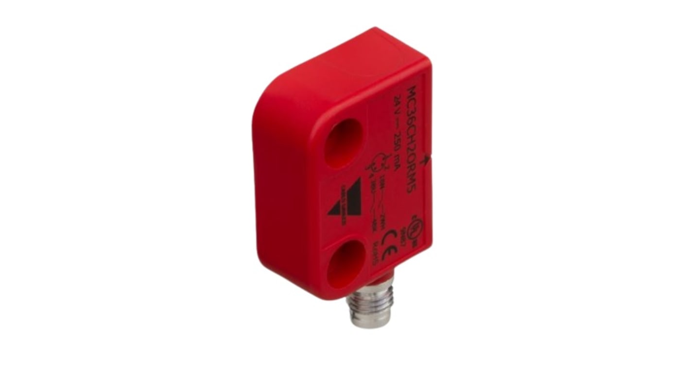 Interruttore di sicurezza Carlo Gavazzi MC36C, contatti NO/NC, grado di protezione IP67, dimensioni 37mm x 15mm.
