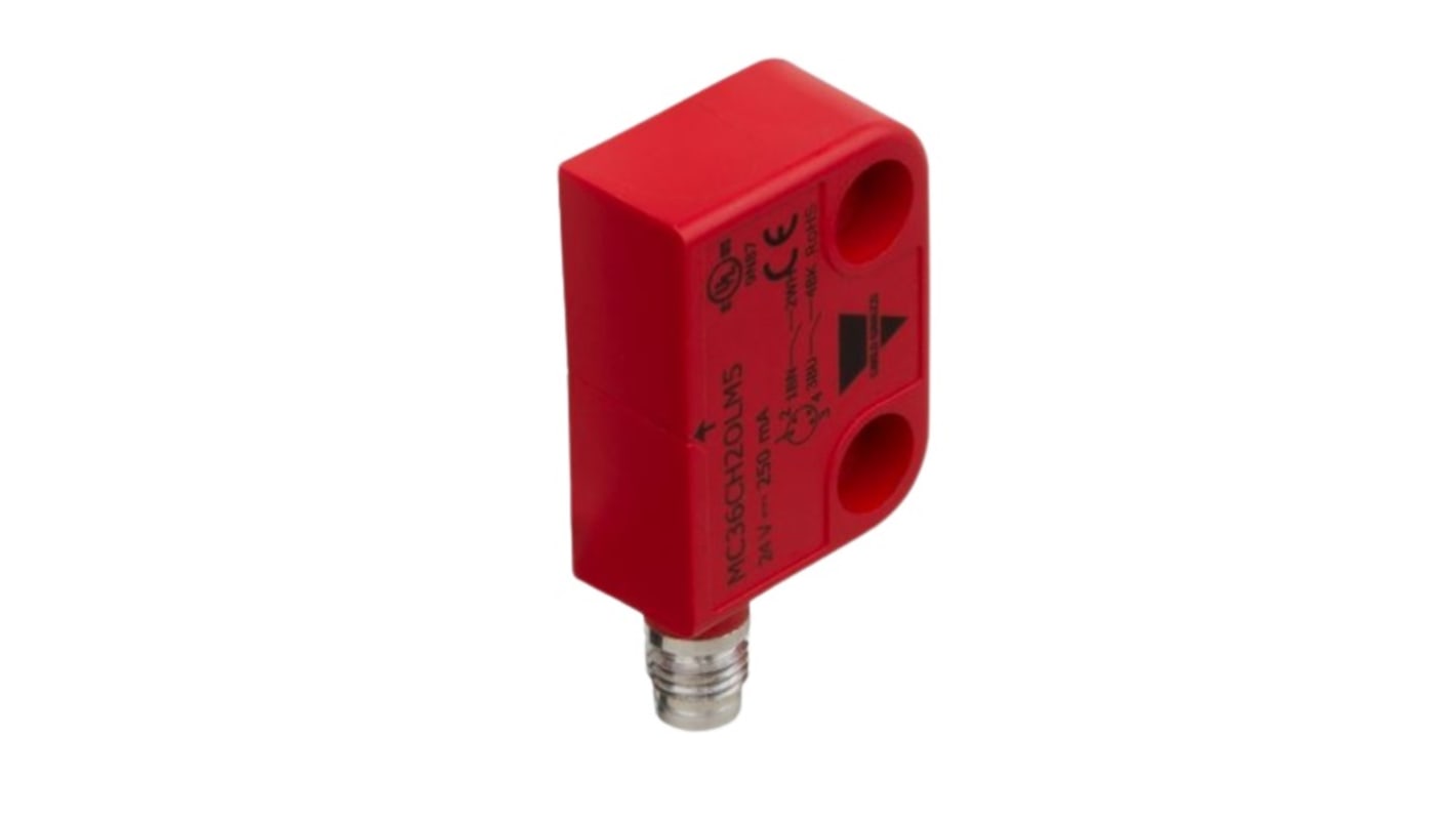 Interruttore di sicurezza Carlo Gavazzi MC36C, 12-24V, contatti 2NO, custodia plastica, IP67, dimensioni 15mm x 37mm.