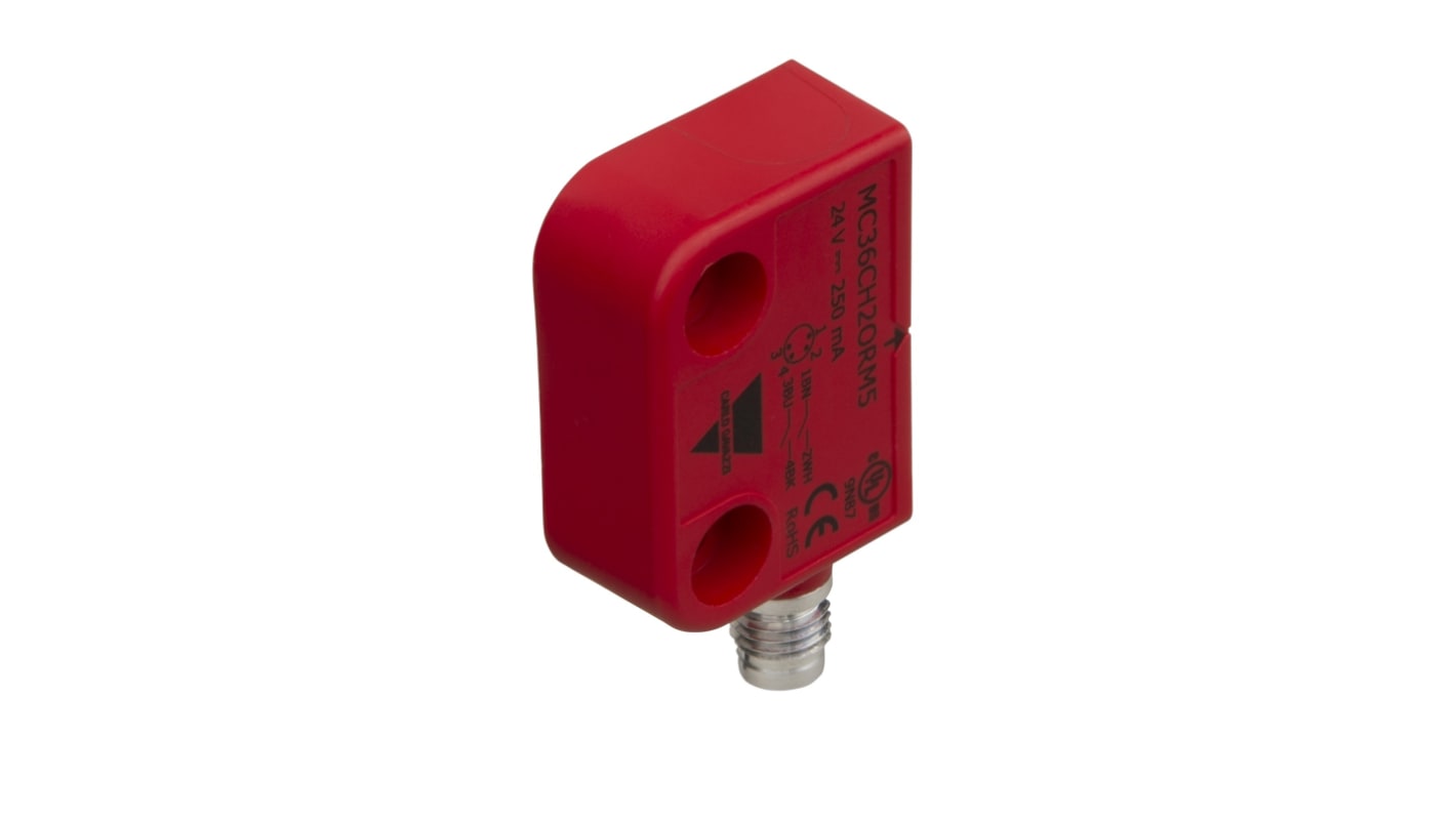 Interruttore di sicurezza Carlo Gavazzi MC36C, contatti 2NO, alimentazione 12-24V, grado di protezione IP67, dimensioni 15x37mm.