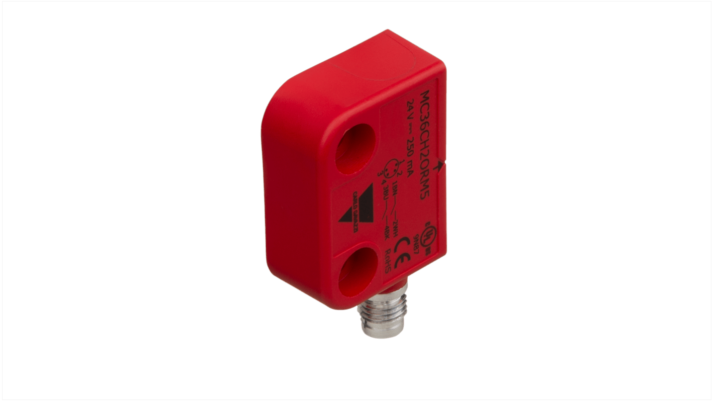 Interruttore di sicurezza Carlo Gavazzi MC36C, contatti 2NO, alimentazione 12-24V, grado di protezione IP67, dimensioni 37mm x 15mm.