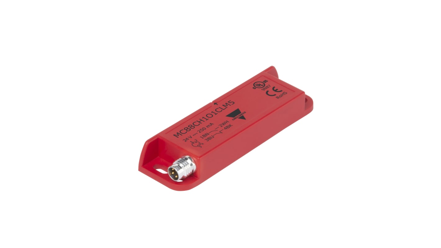 Interruttore di sicurezza Carlo Gavazzi MC88C, contatti NO/NC, alimentazione 12-24V, grado di protezione IP67, dimensioni 15mm x 37mm.