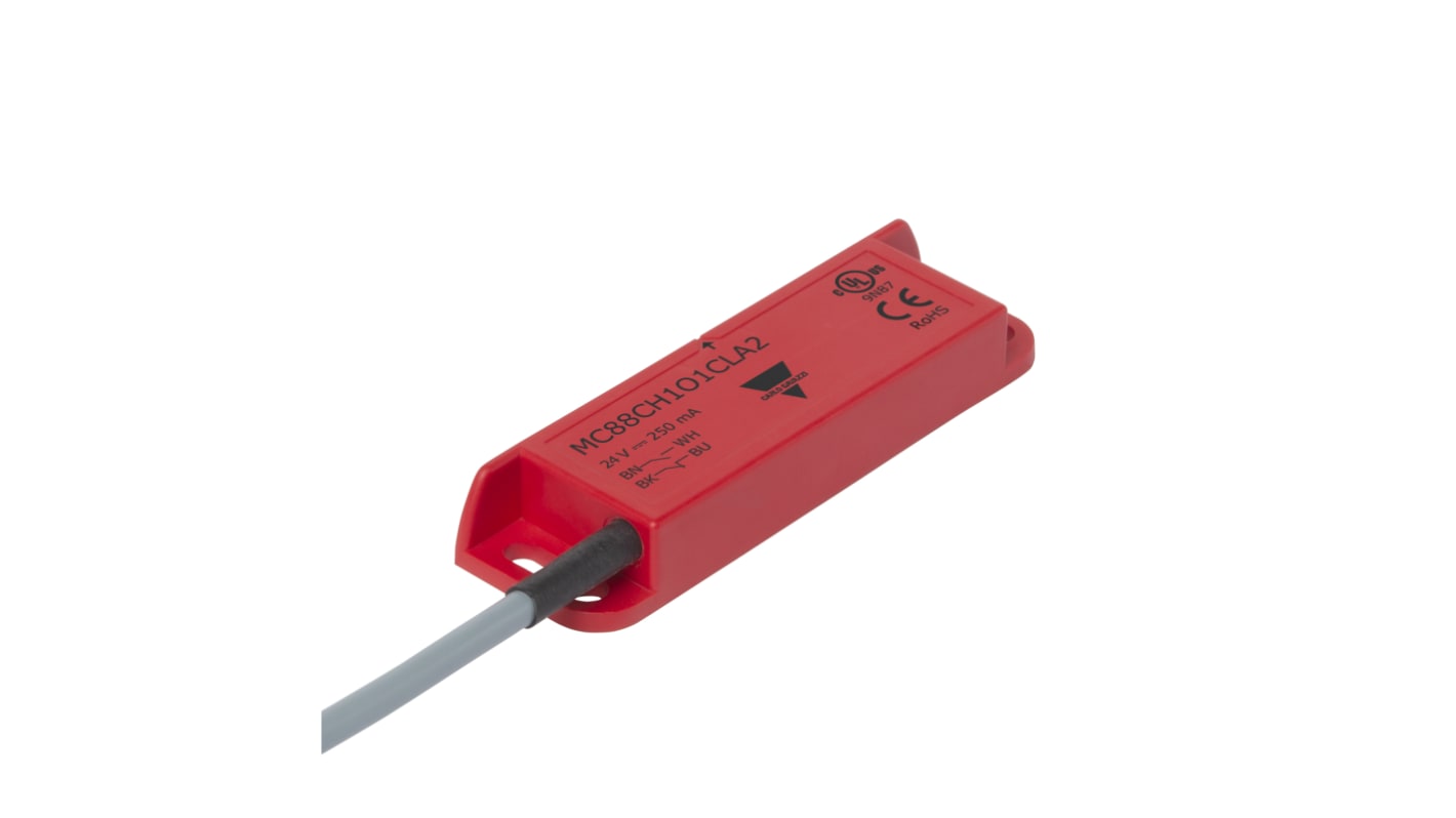 Interruttore di sicurezza Carlo Gavazzi MC88C, 12-24V, contatti 2NO/NC, custodia plastica, grado di protezione IP67, dimensioni 37x15mm.