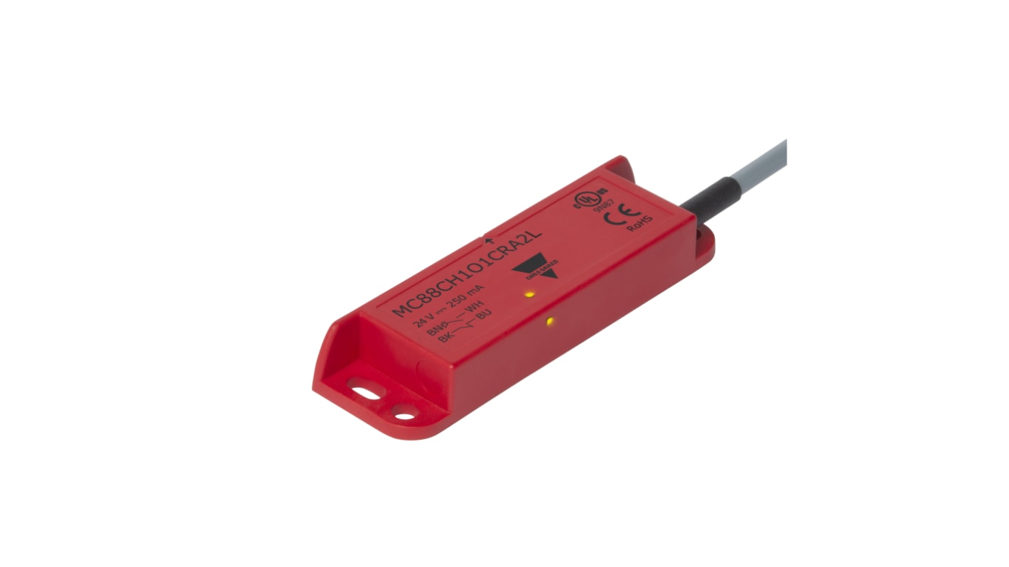 Interruttore di sicurezza Carlo Gavazzi MC88C, 12-24V, contatti 2NO/NC, custodia plastica, IP67, dimensioni 15mm x 37mm.