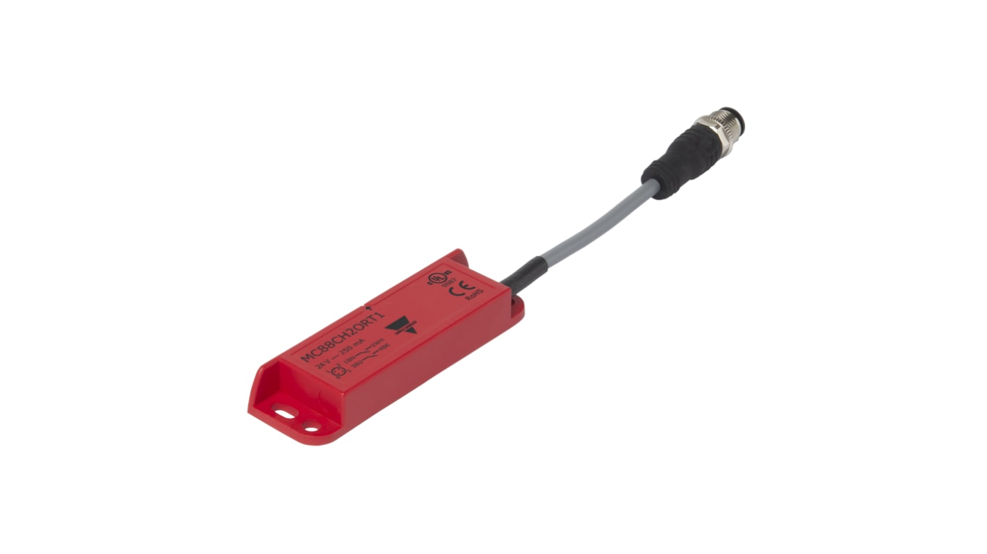 Interruttore di sicurezza Carlo Gavazzi MC88C, 12-24V, contatti 2NO, custodia plastica, grado di protezione IP67, dimensioni 15mm x 37mm.