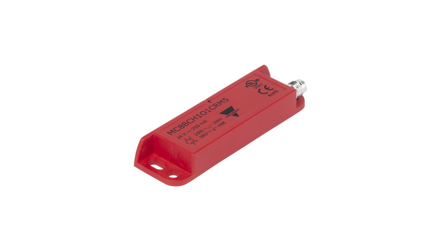 Interruttore di sicurezza Carlo Gavazzi MC88C, contatti 2NO, alimentazione 12-24V, grado di protezione IP67, dimensioni 37mm x 15mm.