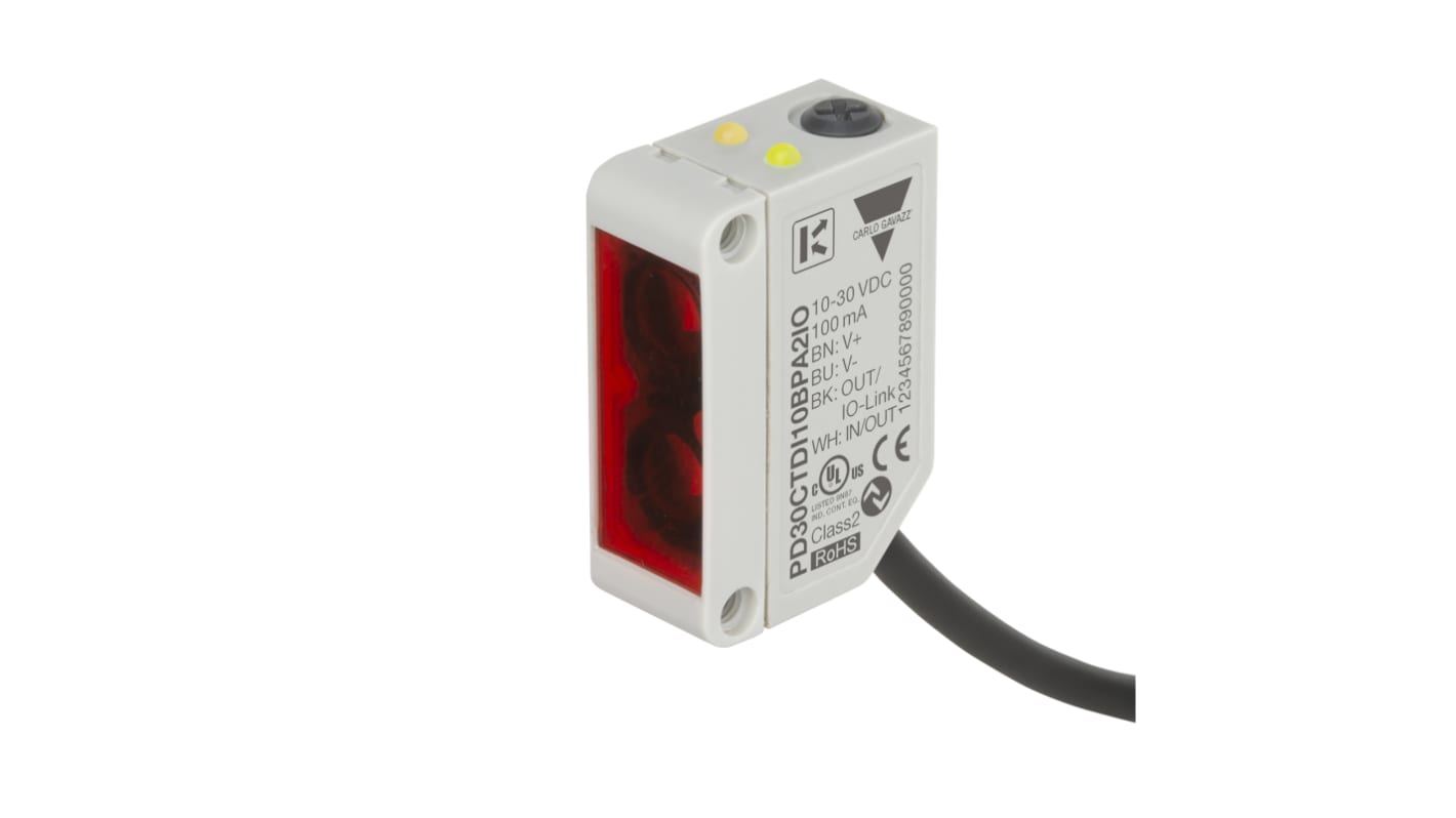 Sensore fotoelettrico Carlo Gavazzi PD30CTDI10BPA2IO, rettangolare, 0-1000 mm, uscita PNP/NPN, comunicazione IO-Link, dimensioni 10 x 20 x 30 mm.