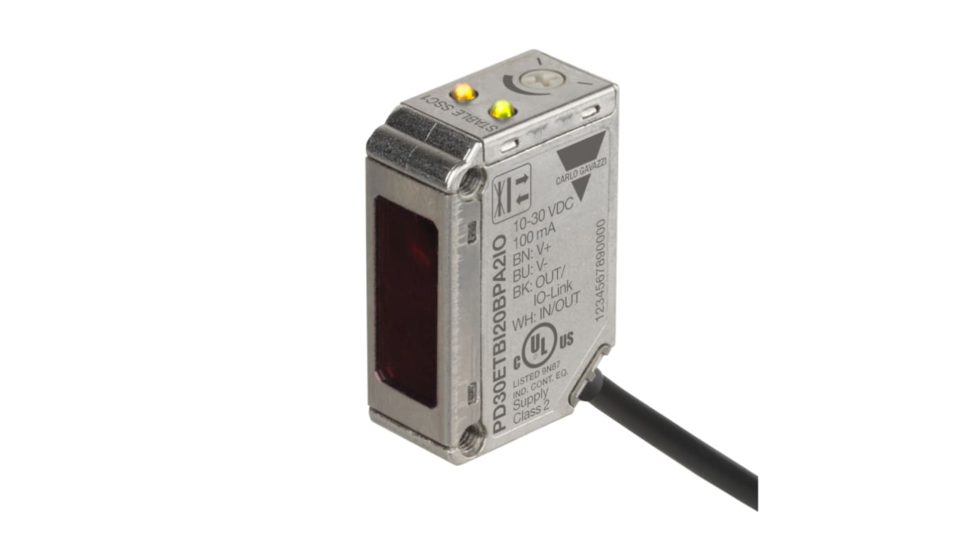 Sensore fotoelettrico Carlo Gavazzi PD30ETBI20BPA2IO, rettangolare, riflessione diffusa, rilevamento 0-200 mm, IP69K, acciaio inox.