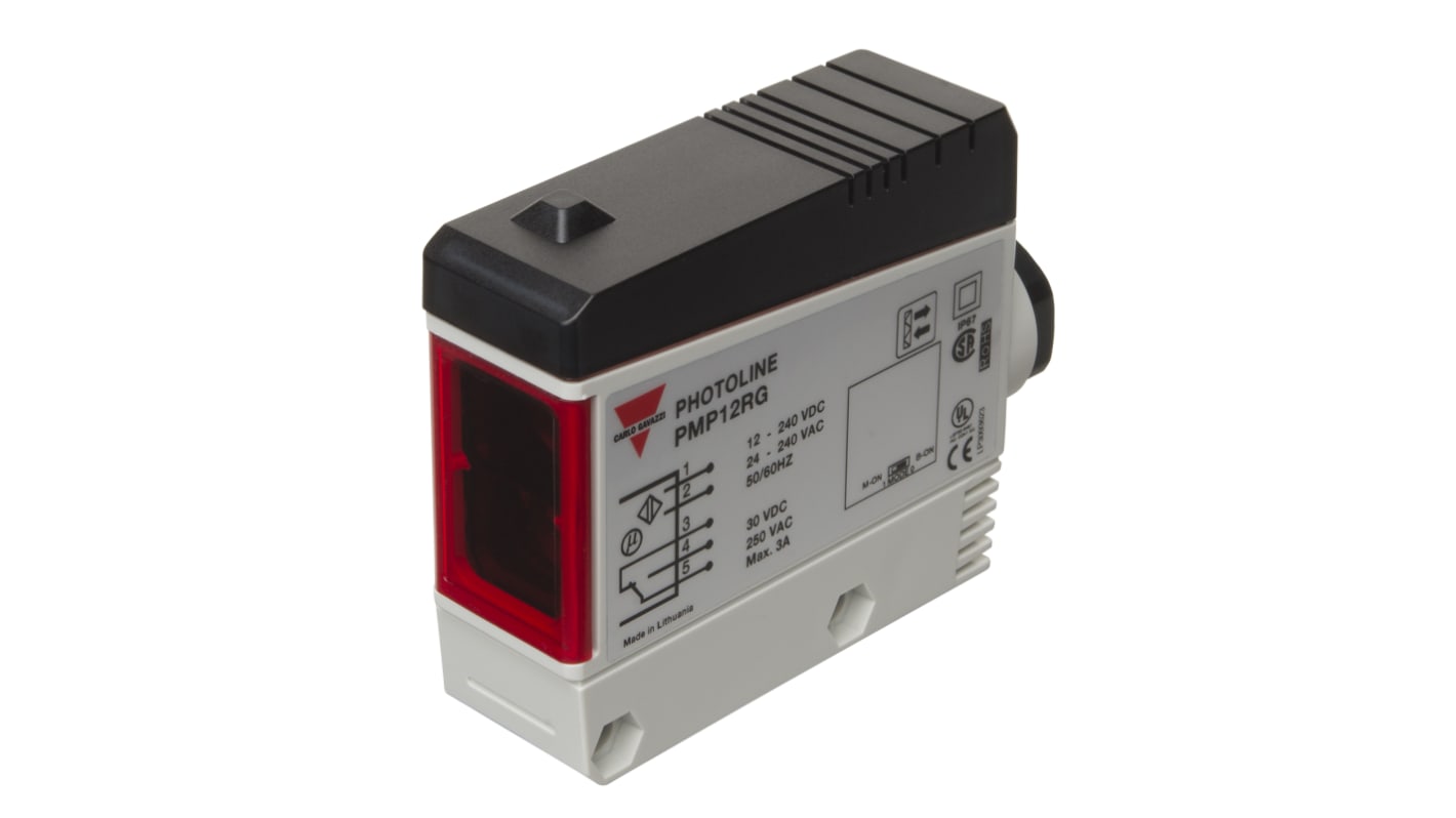 Carlo Gavazzi PMP6RIT, sensore fotoelettrico rettangolare polarizzato, rilevamento fino a 6000 mm, IP67, dimensioni 25 x 65 x 81 mm.