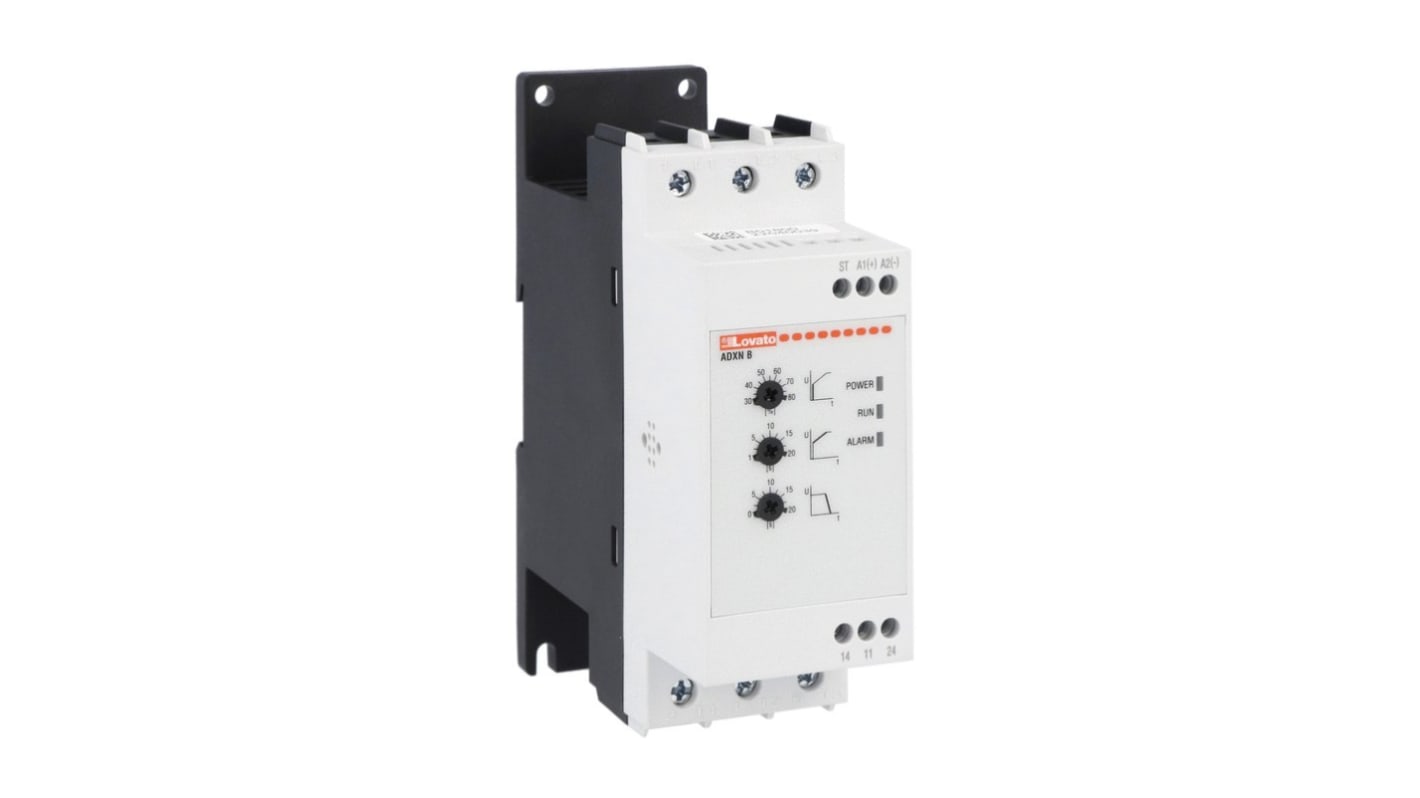 Starter Lovato ADXNB01224 per motore 3 fasi, potenza 5,5 kW, tensione 24 V, IP20, montaggio su guida DIN, display integrato.