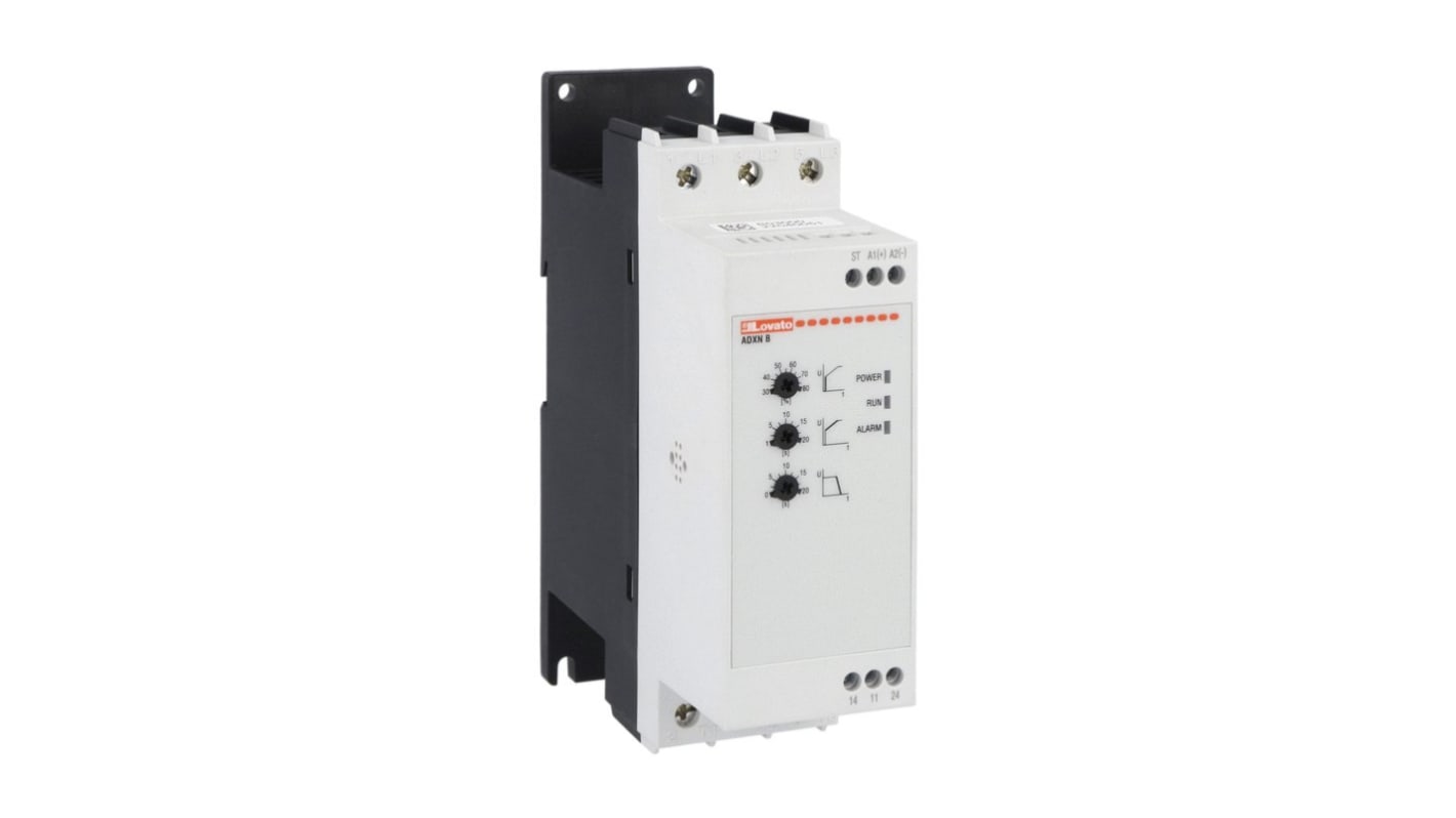 Lovato ADXNB02524, soft starter per motore 3 fasi, potenza 15 kW, corrente 25 A, montaggio su guida DIN, protezione IP20.