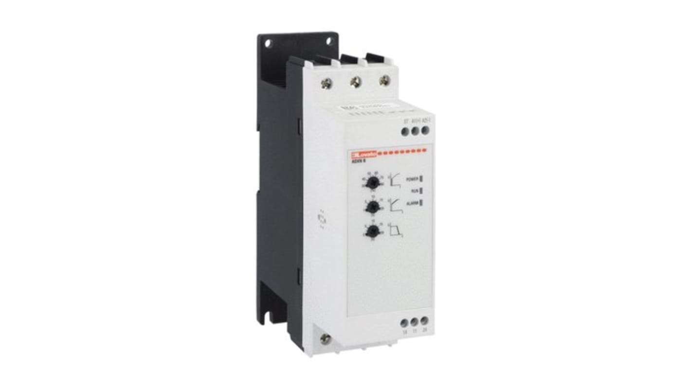 Lovato ADXNB04524, soft starter 3 fasi, potenza 30 kW, 45 A, montaggio su guida DIN, protezione IP20, display integrato.