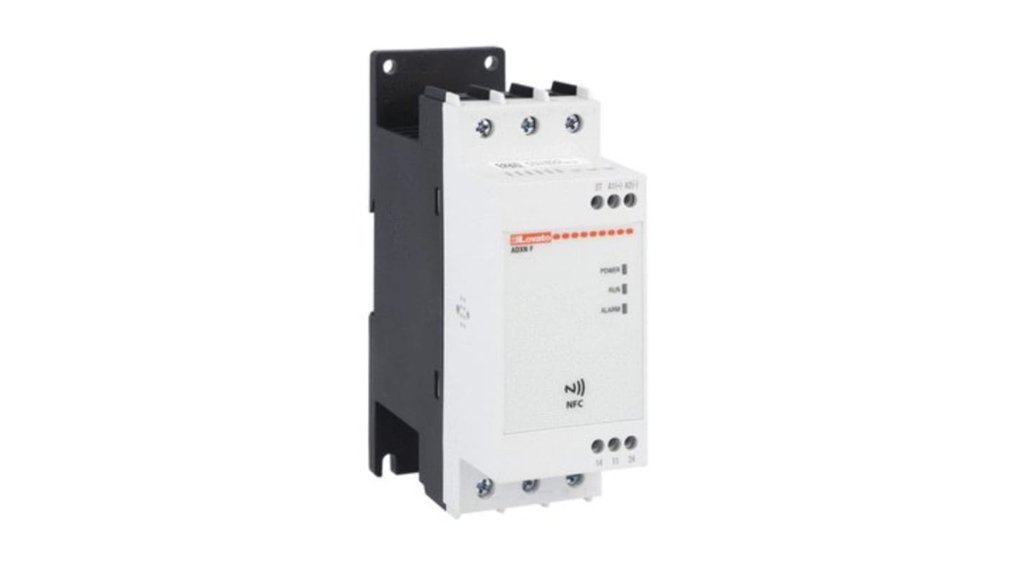 Starter per motore Lovato ADXNF018, 3 fasi, 11 kW, 18 A, montaggio su guida DIN, programmabile NFC, protezione IP20.