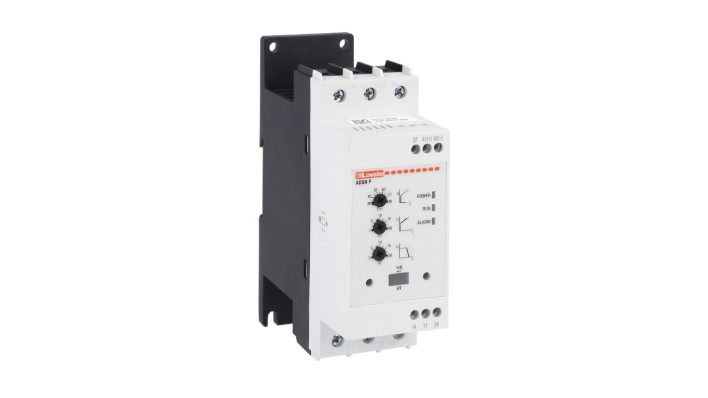 Starter per motore 3 fasi Lovato ADXNP01224, potenza 5,5 kW, tensione 24 V, corrente 12 A, con display e programmazione NFC.