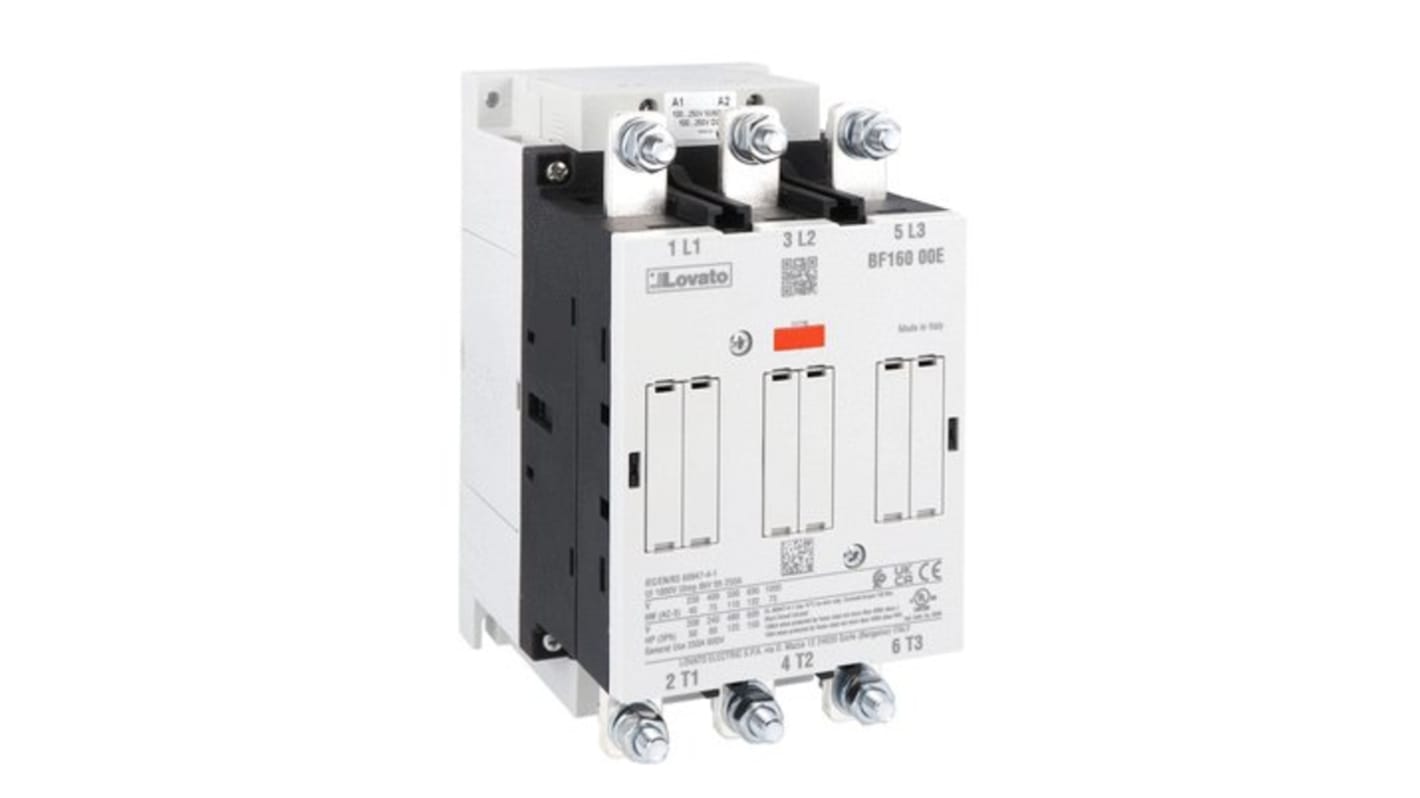 Contattore Lovato BF16000E230, 3 poli, 160 A, tensione 100-250 V, montaggio a vite, grado di protezione IP00.