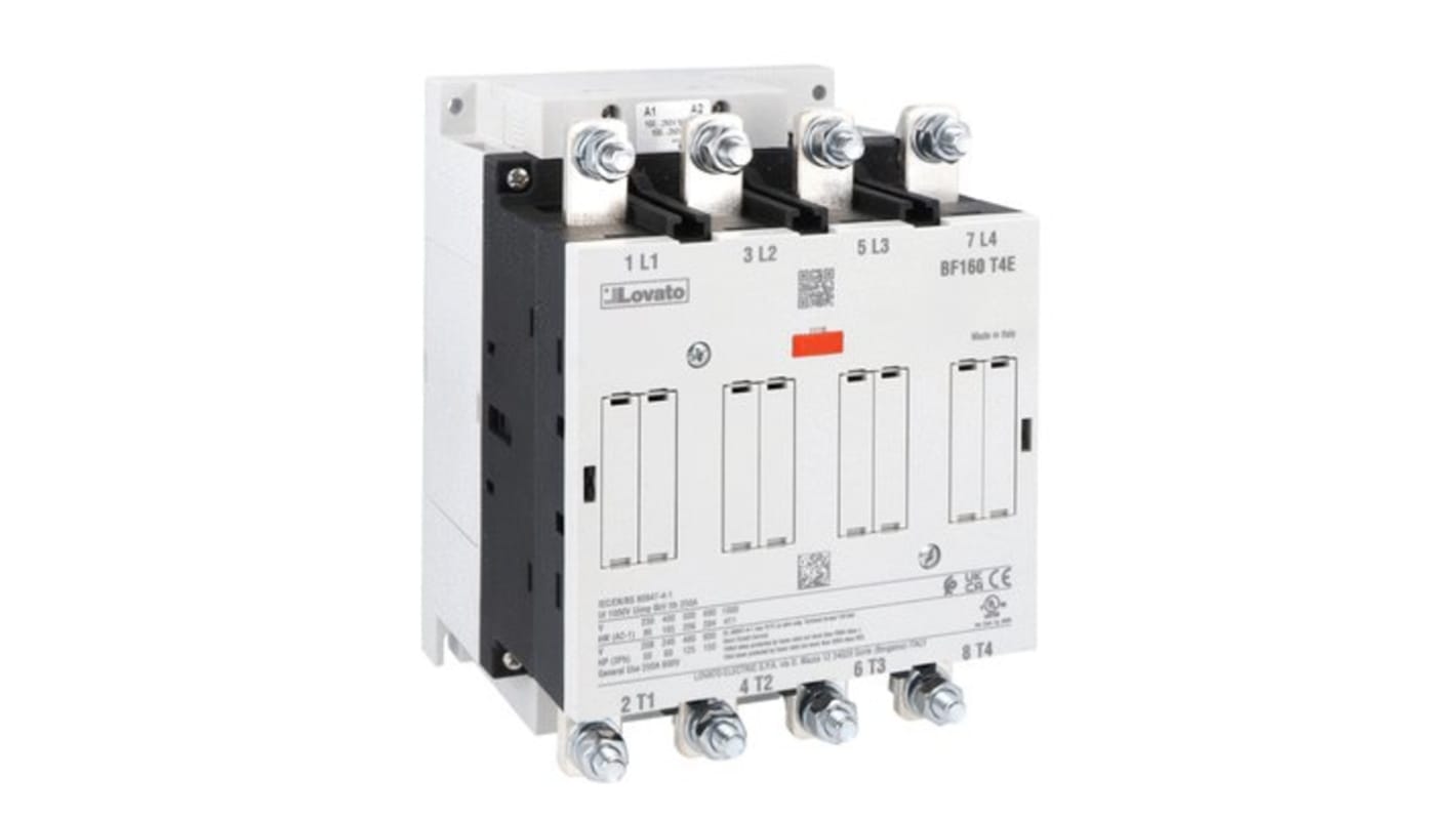 Contattore Lovato BF160T4E110, 4 poli, 250 A, tensione bobina 48-130 V, montaggio a vite, grado di protezione IP00.