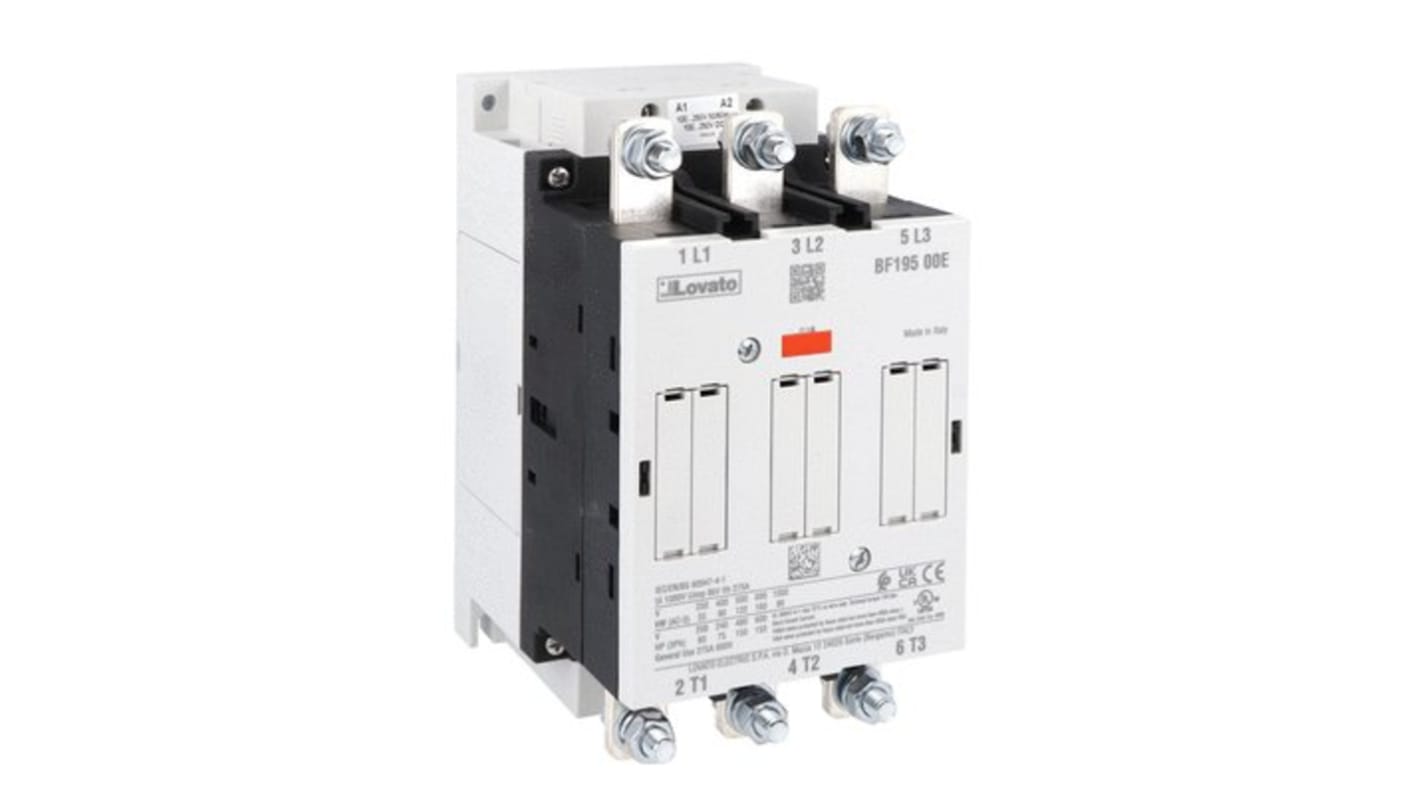 Contattore Lovato BF19500E400, 3 poli, 190 A, 110 kW, tensione 250-500 V, montaggio a vite, grado di protezione IP00.
