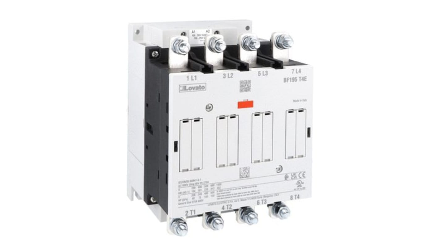 Contattore Lovato BF195T4E110, 4 poli, 275 A, tensione 48-130 V, montaggio a vite, grado di protezione IP00.