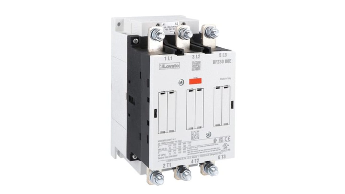 Contattore Lovato BF23000E230, 3 poli, 230 A, tensione 100-250 V, grado di protezione IP00, montaggio a vite.