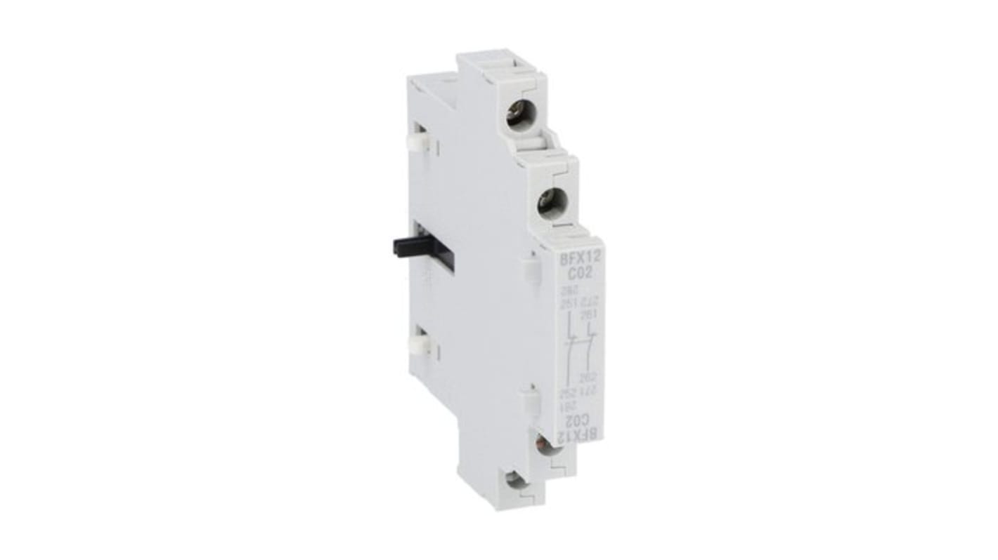 Contatto ausiliario Lovato BFX12C02, 2NC, montaggio laterale, compatibile con contattori BF160, BF195 e BF230.